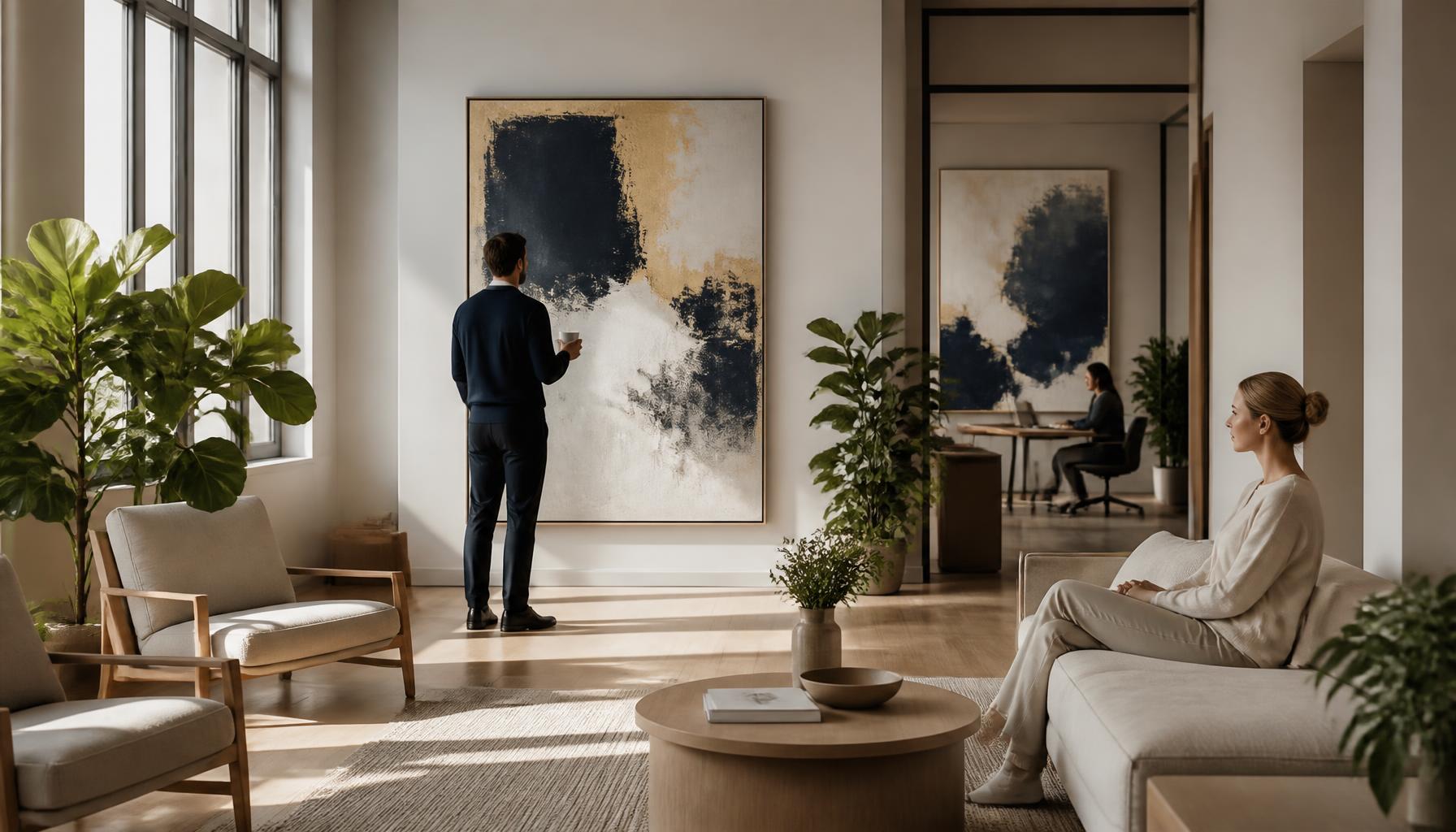 Lyst kontor med stort abstrakt maleri og medarbejdere der tager en mindful pause