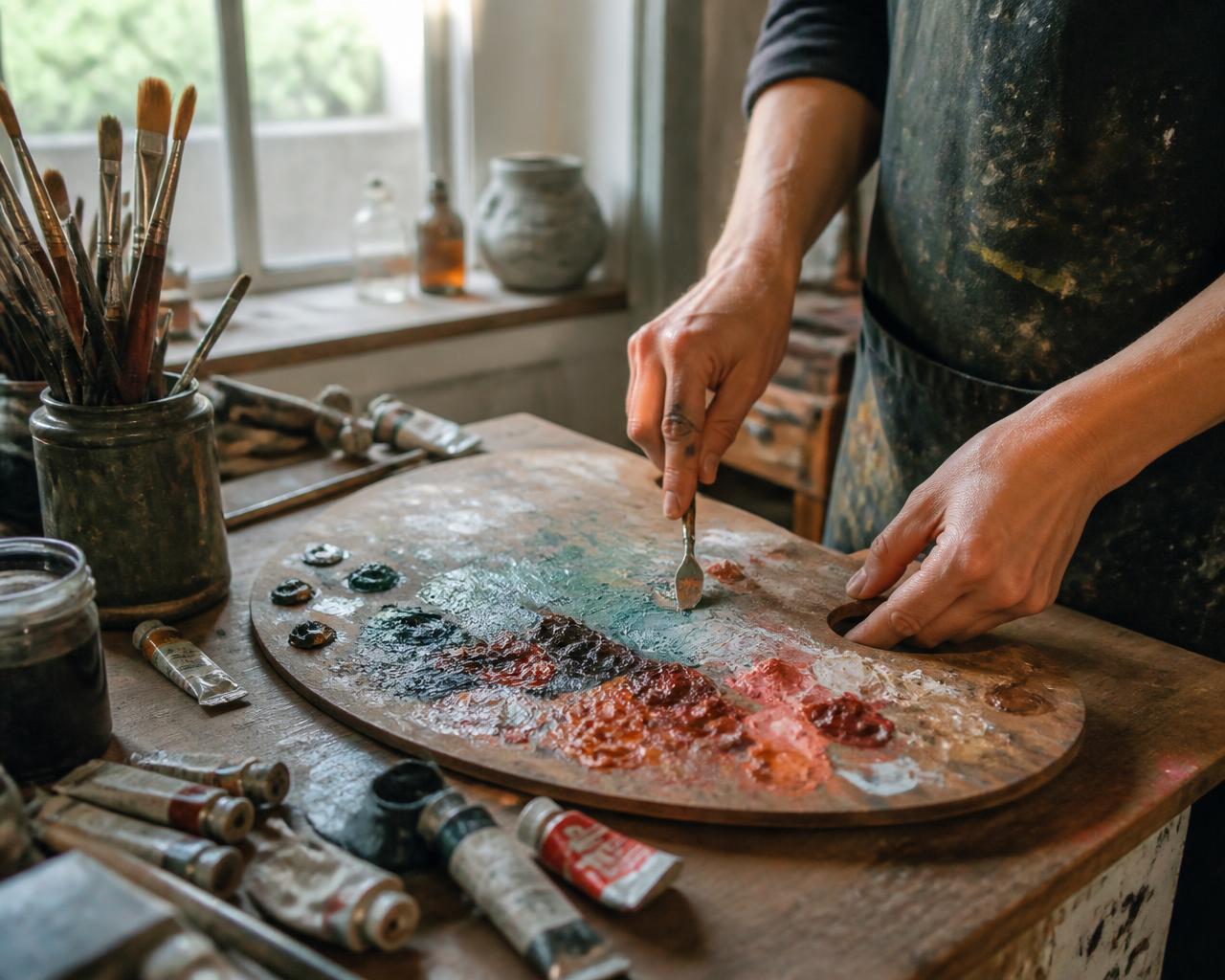Kunstner der blander maling på en palet i sit atelier