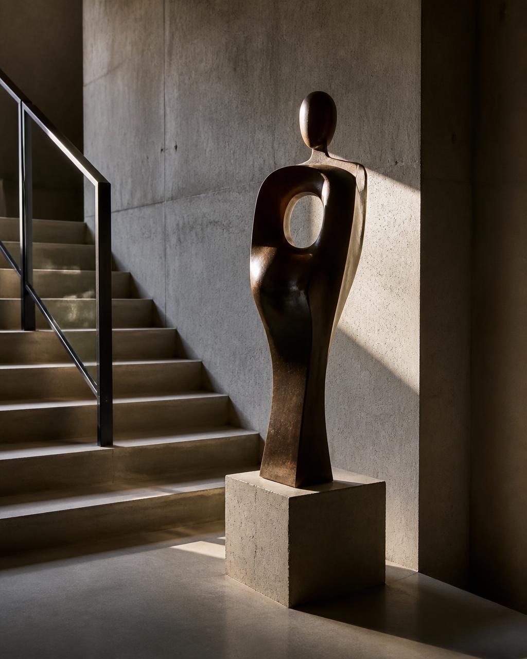 Bronzefigur i et trappeopgang