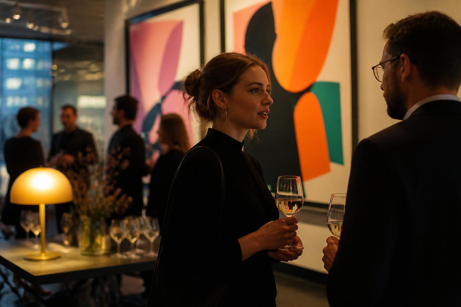 Aftenreception i et kontor med farverige værker på væggene