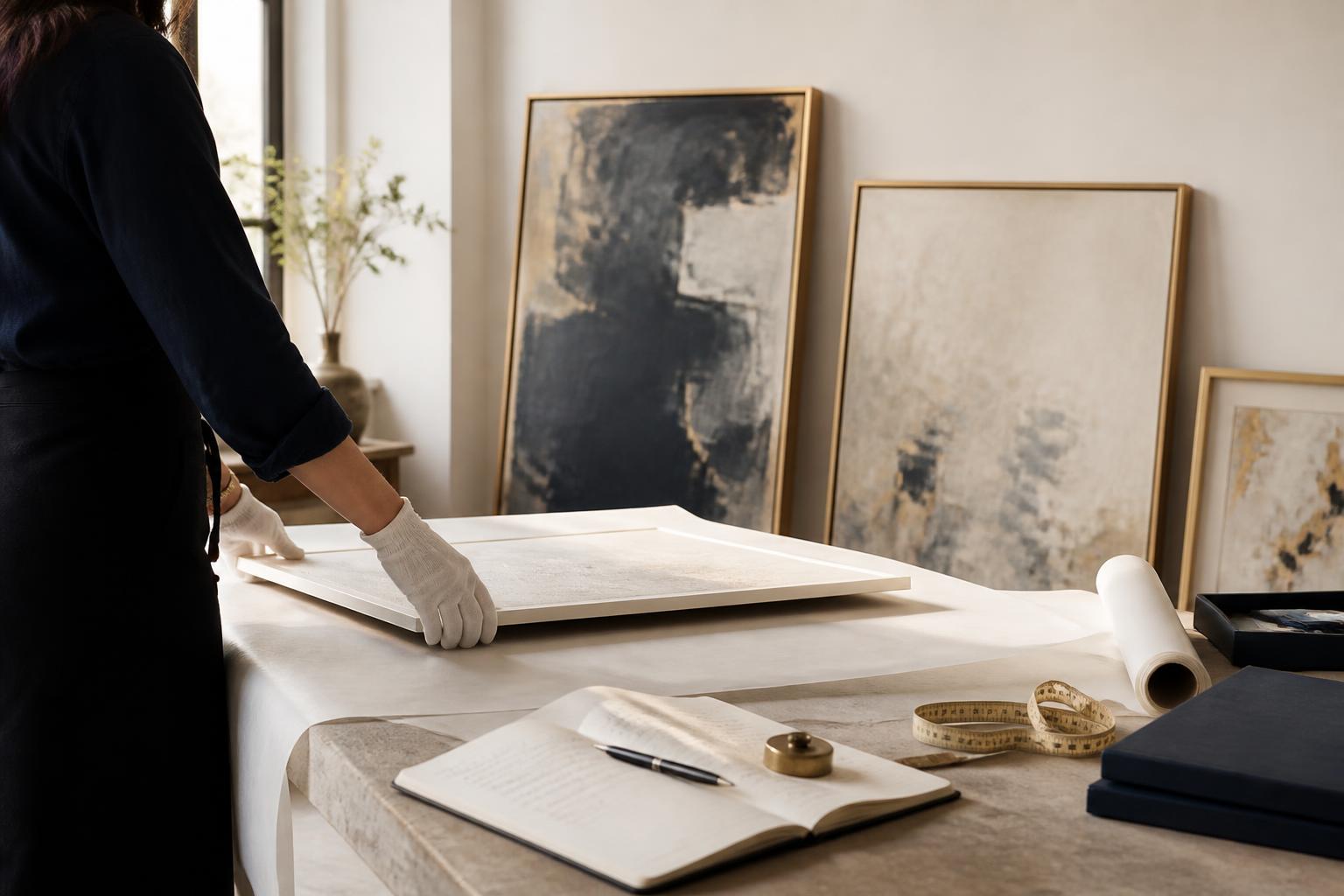 Kunstner der klargør indrammede værker til en udstilling i sit atelier