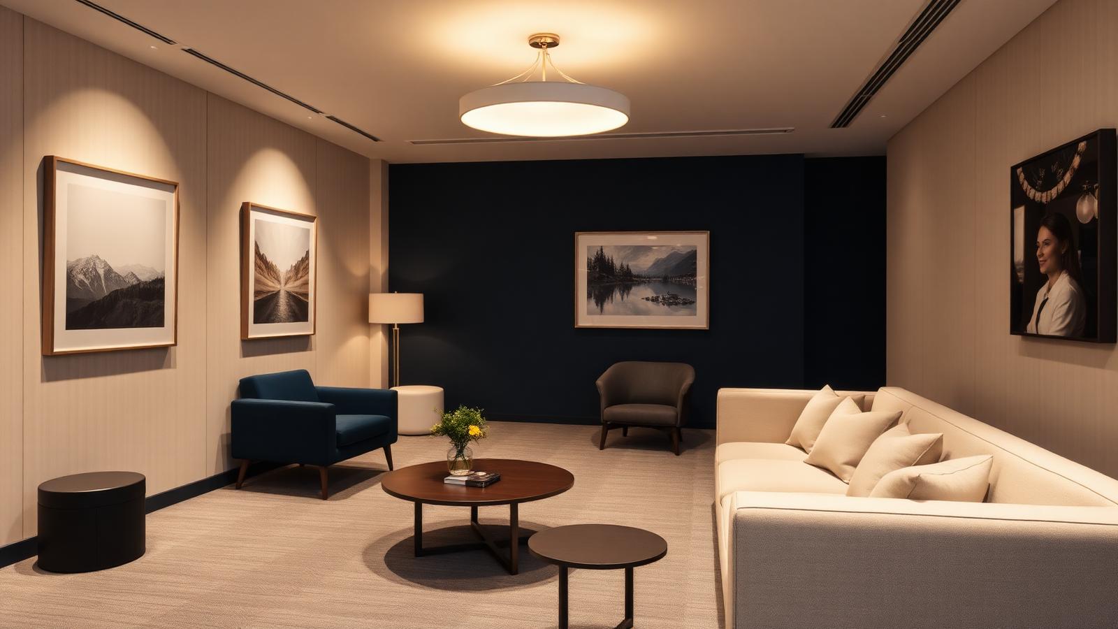 Rolig kontorlounge med kunst på væggene og dæmpet belysning