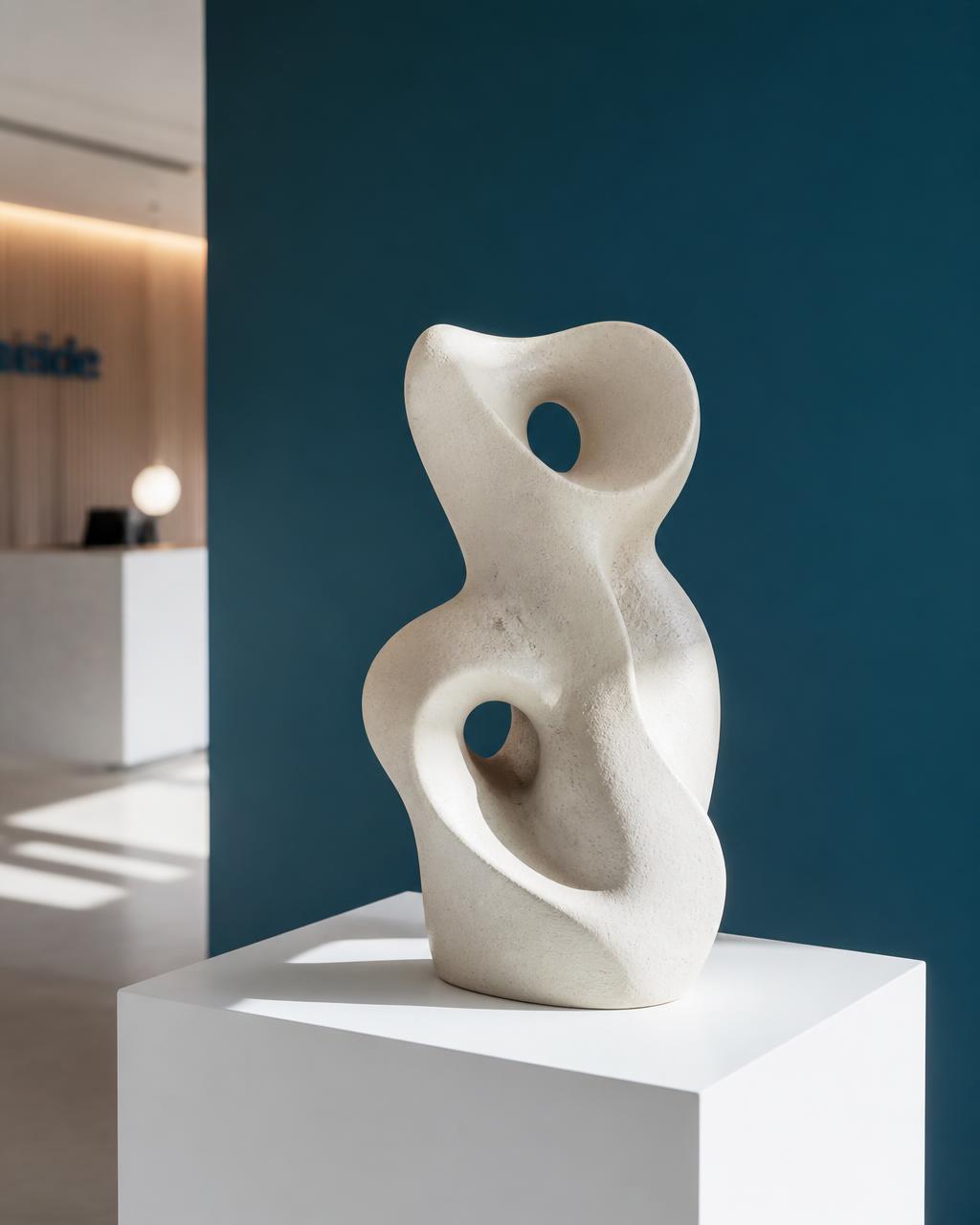 Skulptur på sokkel i en virksomhedsreception